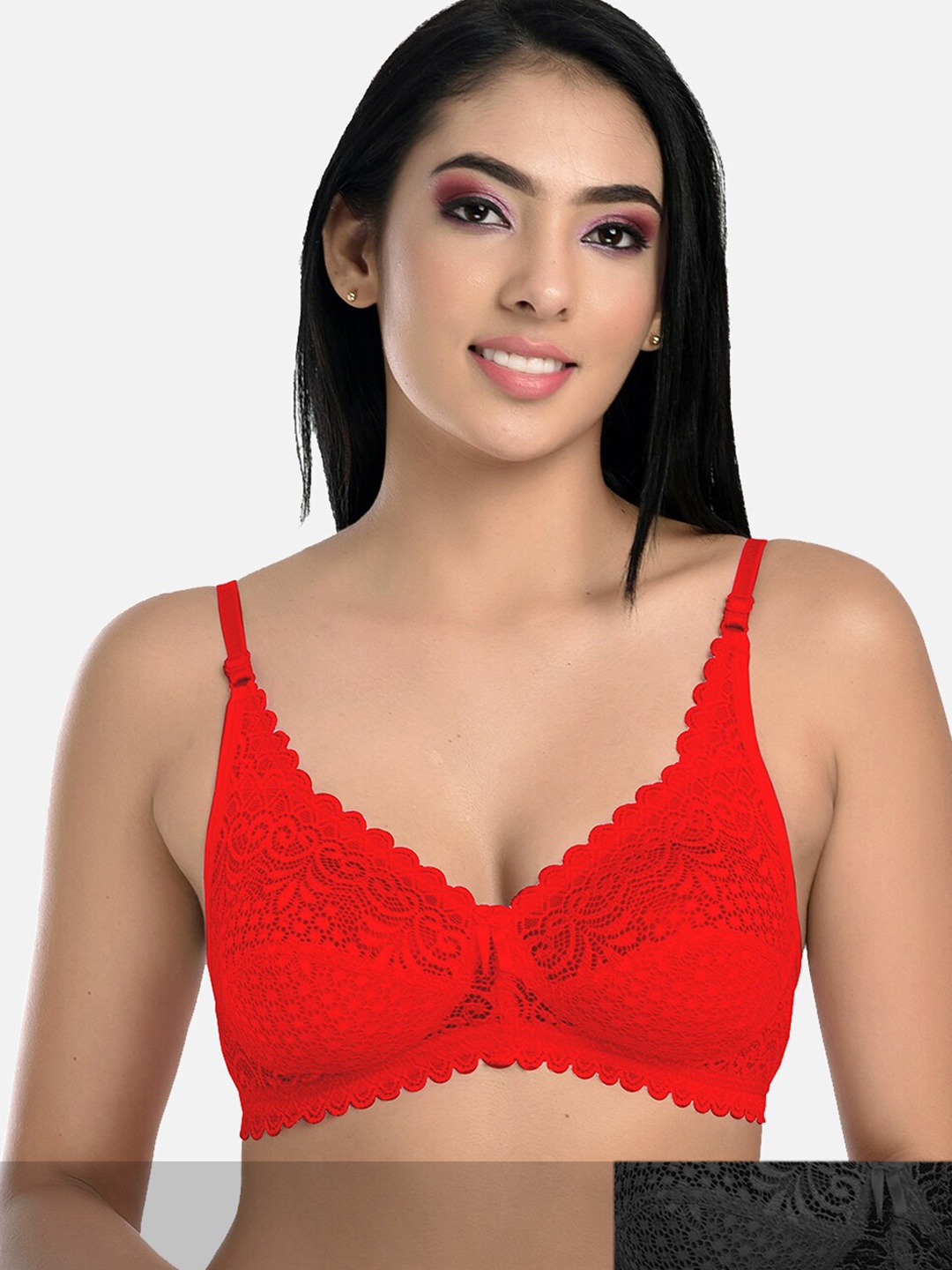 

StyFun Pack Of 2 Black & Red Non Padded & Non Wired Floral Bra