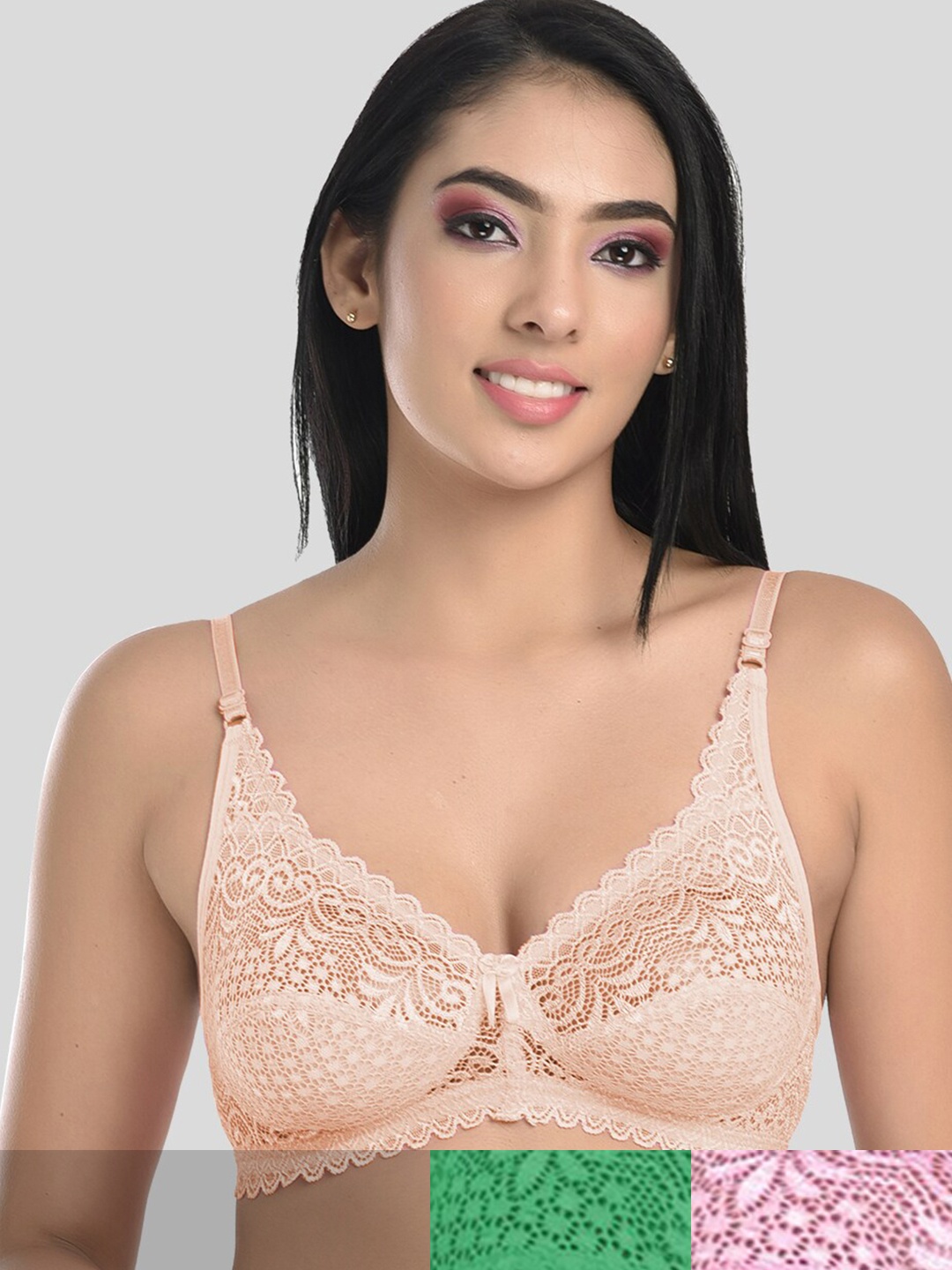 

StyFun Pack Of 3 Beige & Pink Non Padded & Non Wired Floral Bra