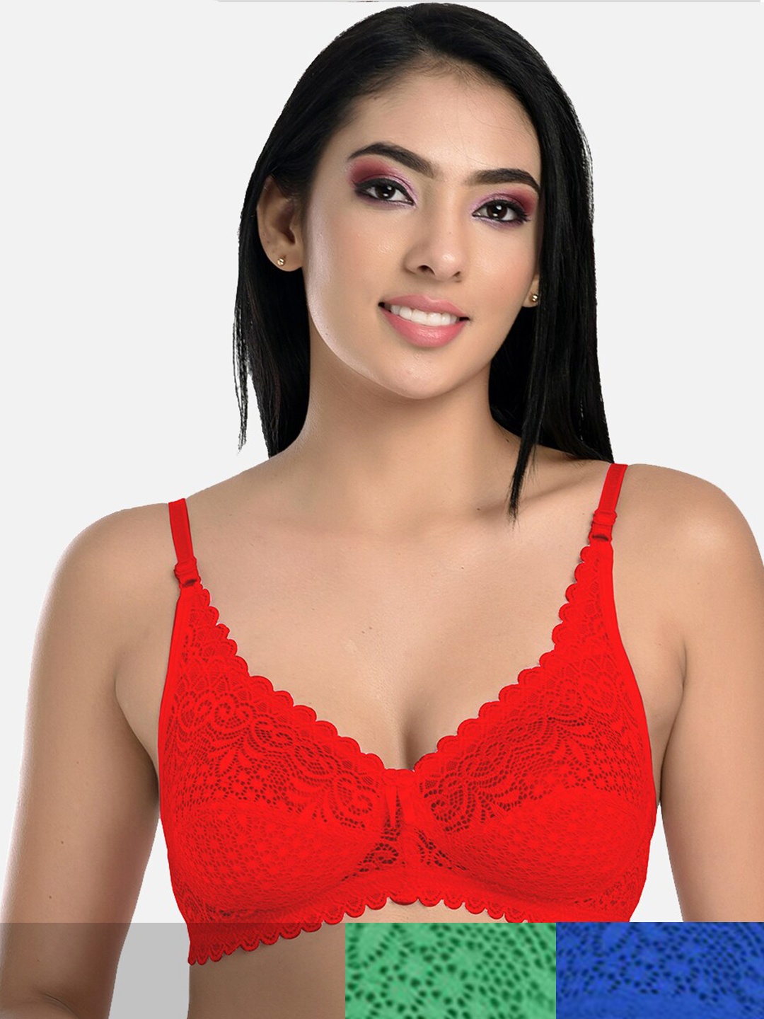 

StyFun Pack Of 3 Blue & Green Non Padded & Non Wired Floral Bra