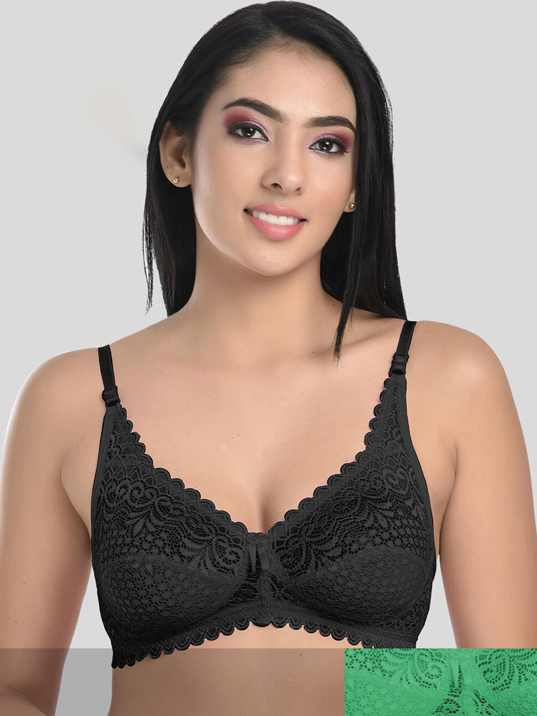 

StyFun Pack Of 2 Black & Green Non Padded Non-Wired Cotton Floral Bra