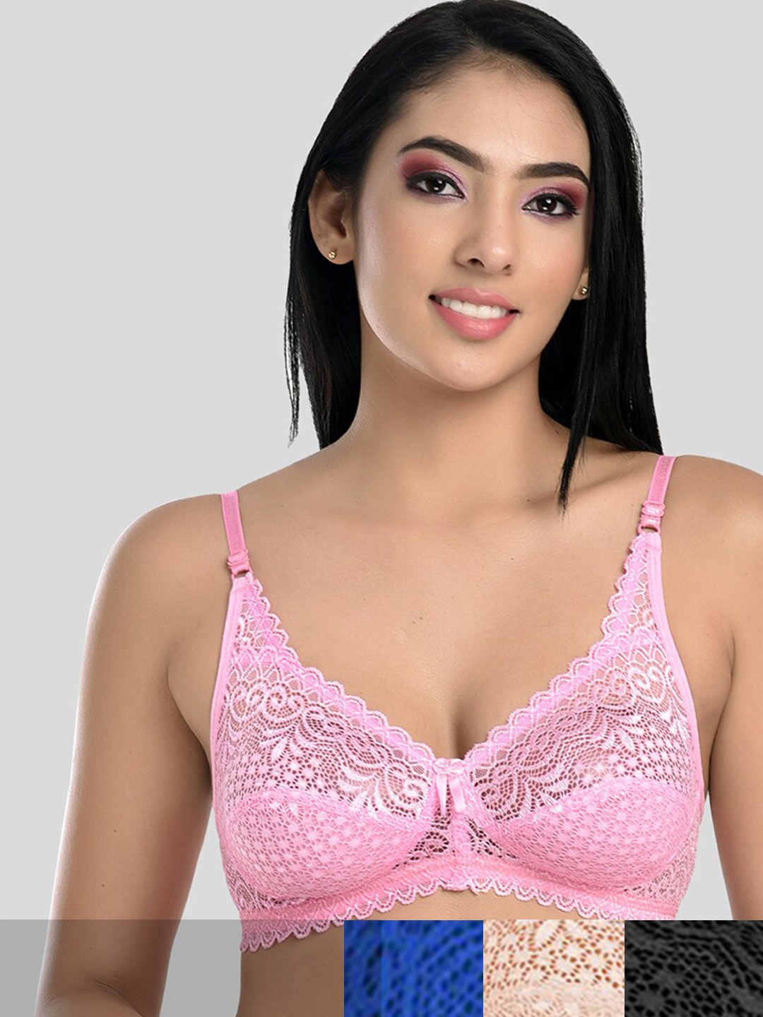 

StyFun Pack Of 4 Pink & Blue Non Padded & Non Wired Floral Bra