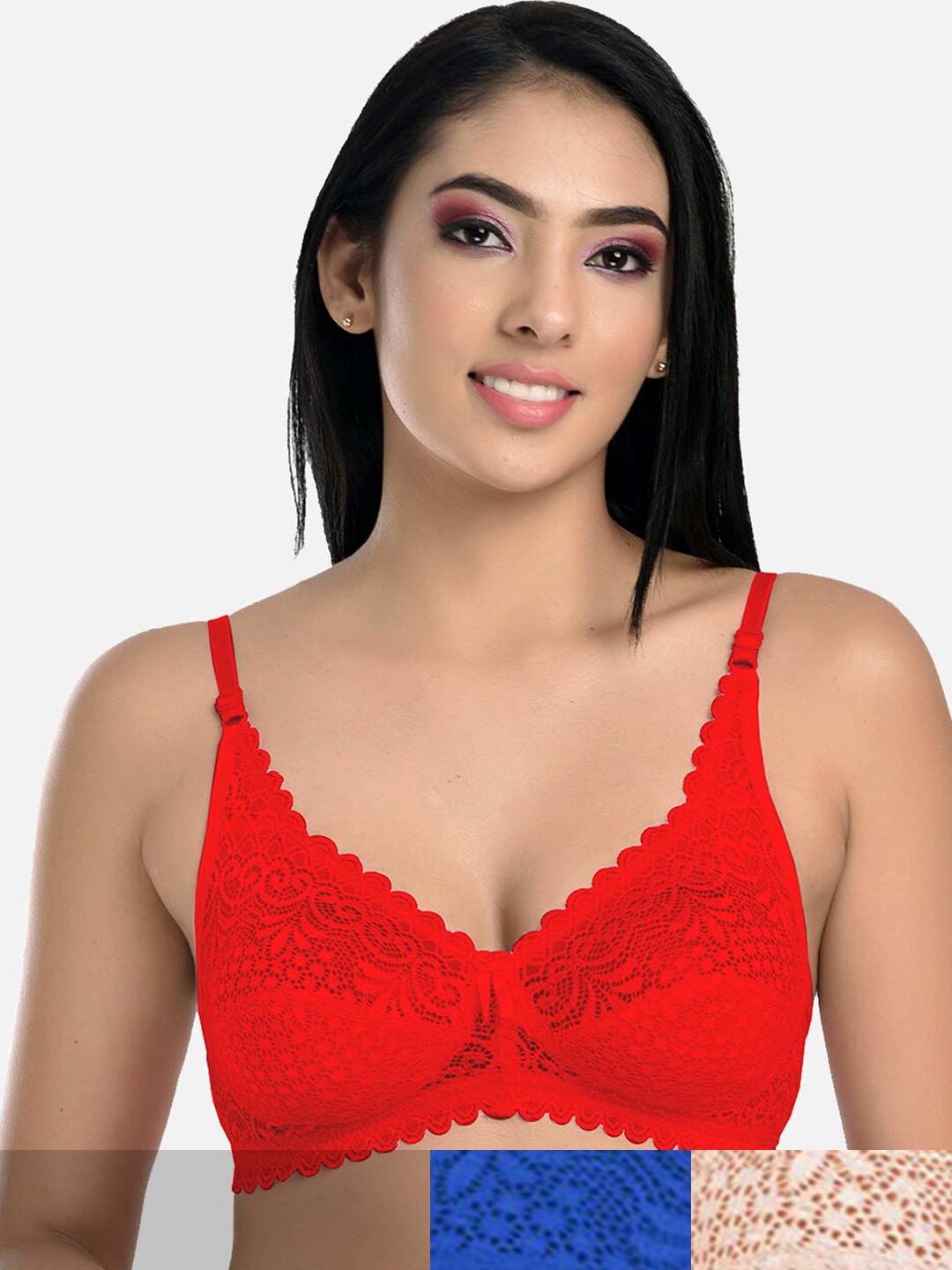 

StyFun Pack Of 3 Beige & Blue Non Padded & Non Wired Floral Bra