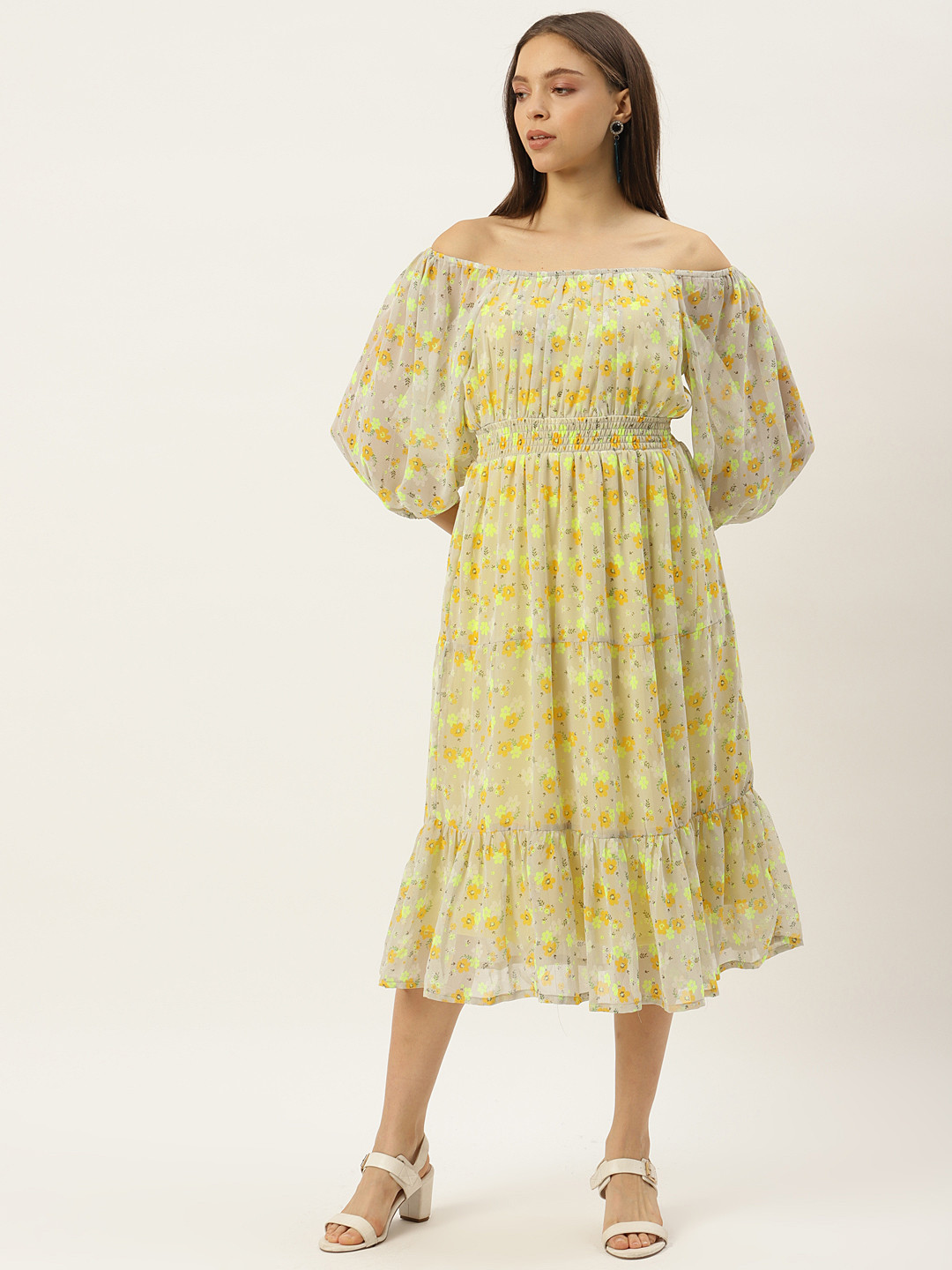 

WISSTLER Women Georgette Yellow & Green Floral Off-Shoulder A-Line Midi Dress