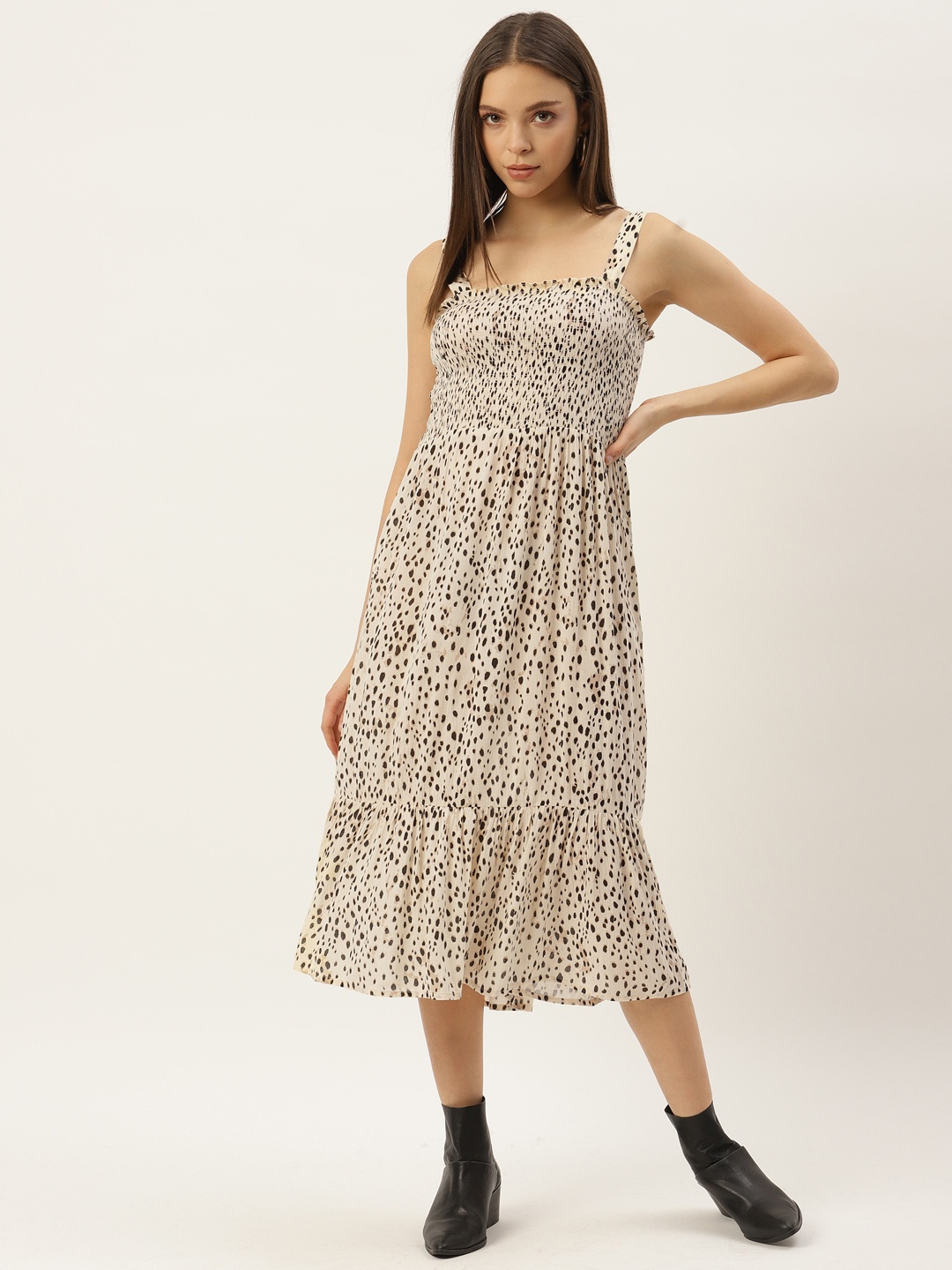 

WISSTLER Women Cream-Coloured & Black Animal Print Smocked Midi Dress