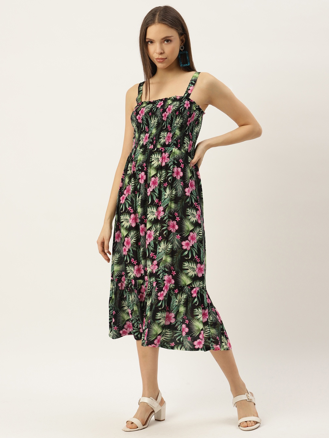 

WISSTLER Women Floral Smocked Midi Dress, Black