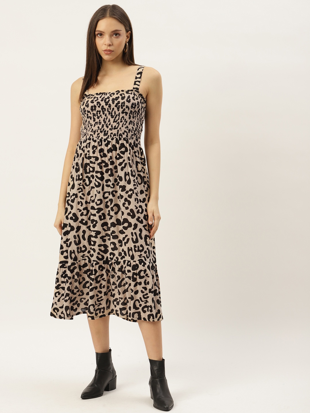 

WISSTLER Women Beige & Black Animal Print Smocked Midi Dress