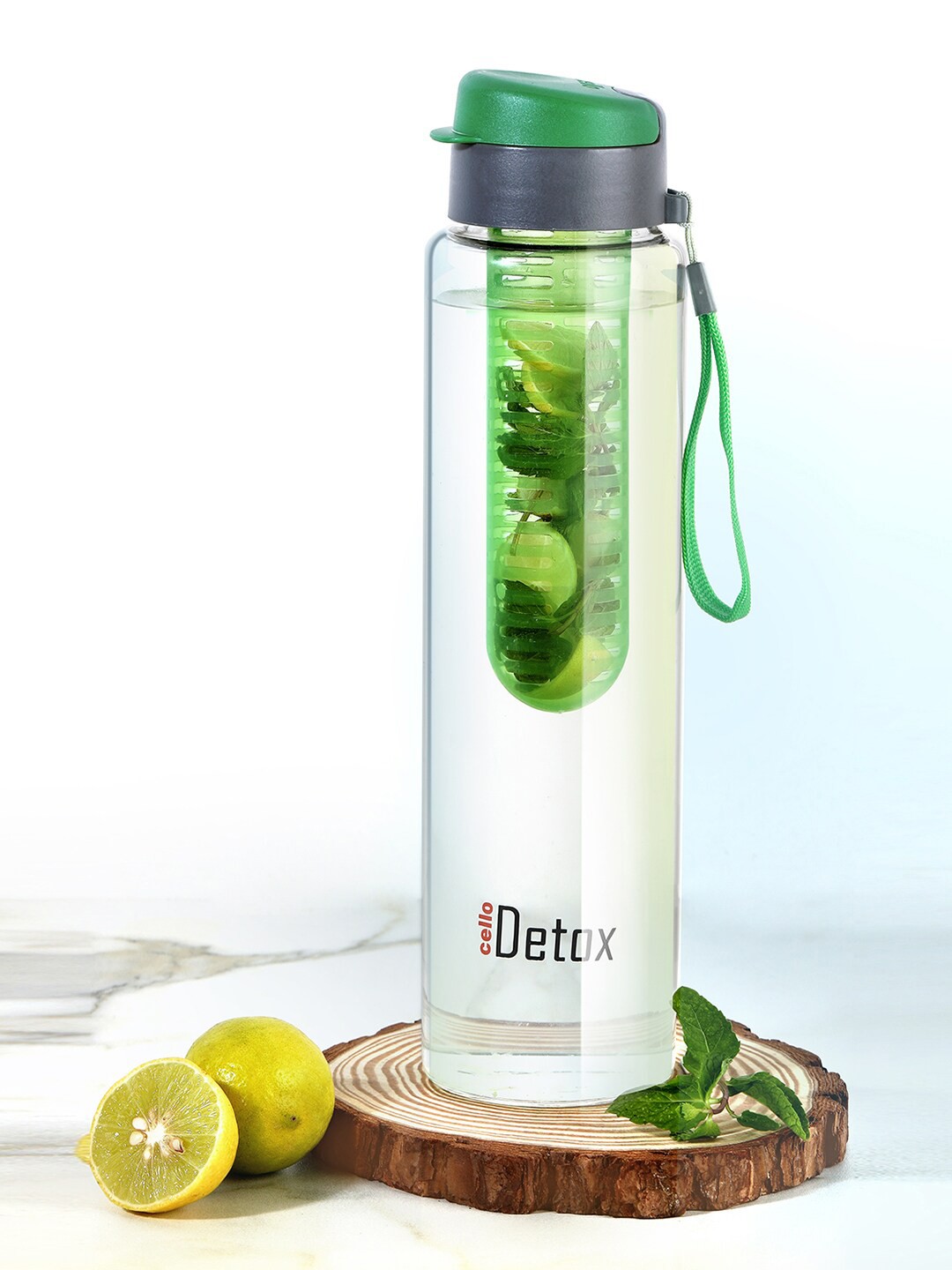 

Cello Detox Green Fruit & Tea Infuser Glass Water Bottle- 750ml, Transparent
