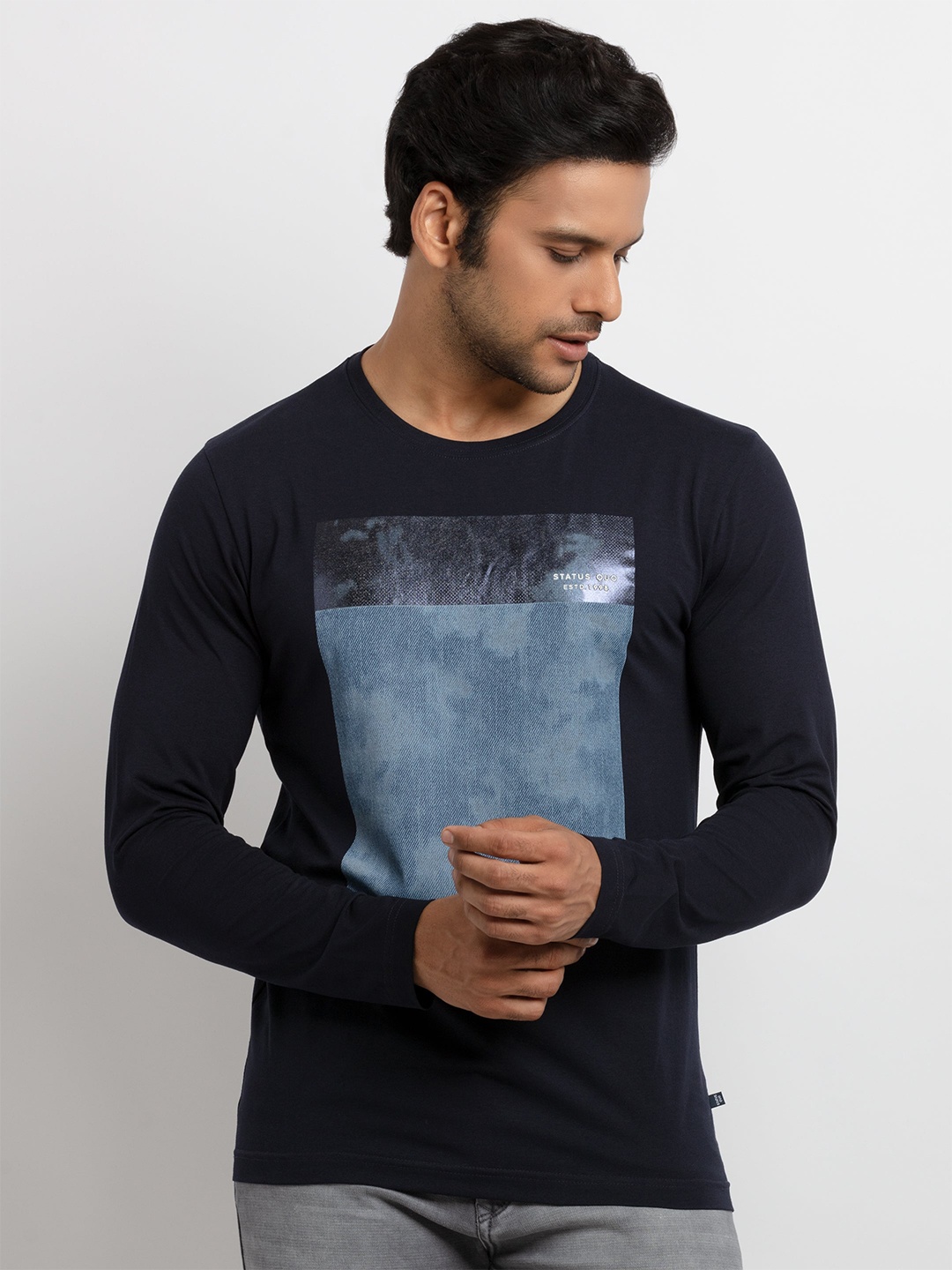 

Status Quo Men Navy Blue Printed Cotton T-shirt