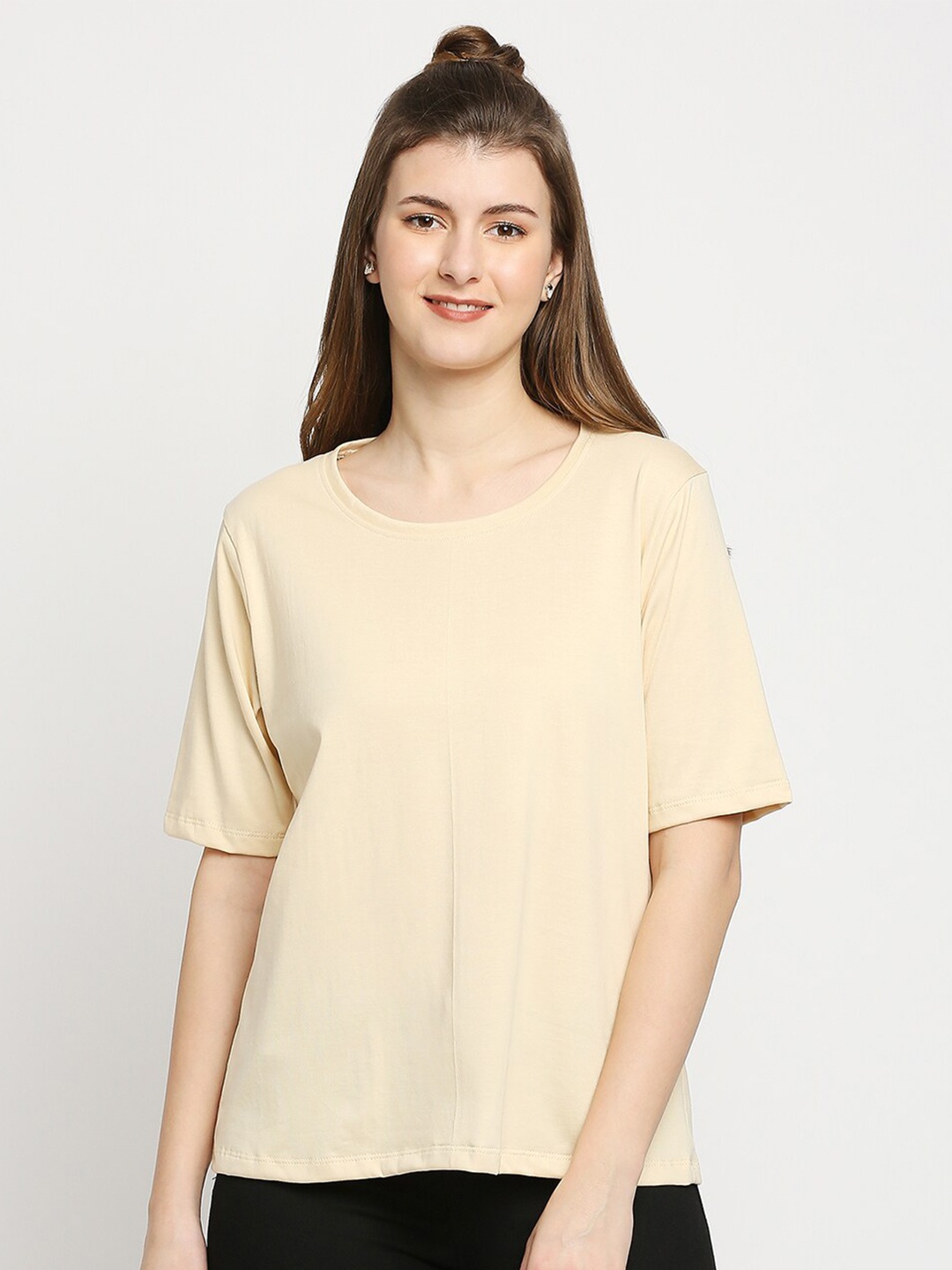 

Autumn Hues Women Cream-Coloured Cotton Oversized Tshirt