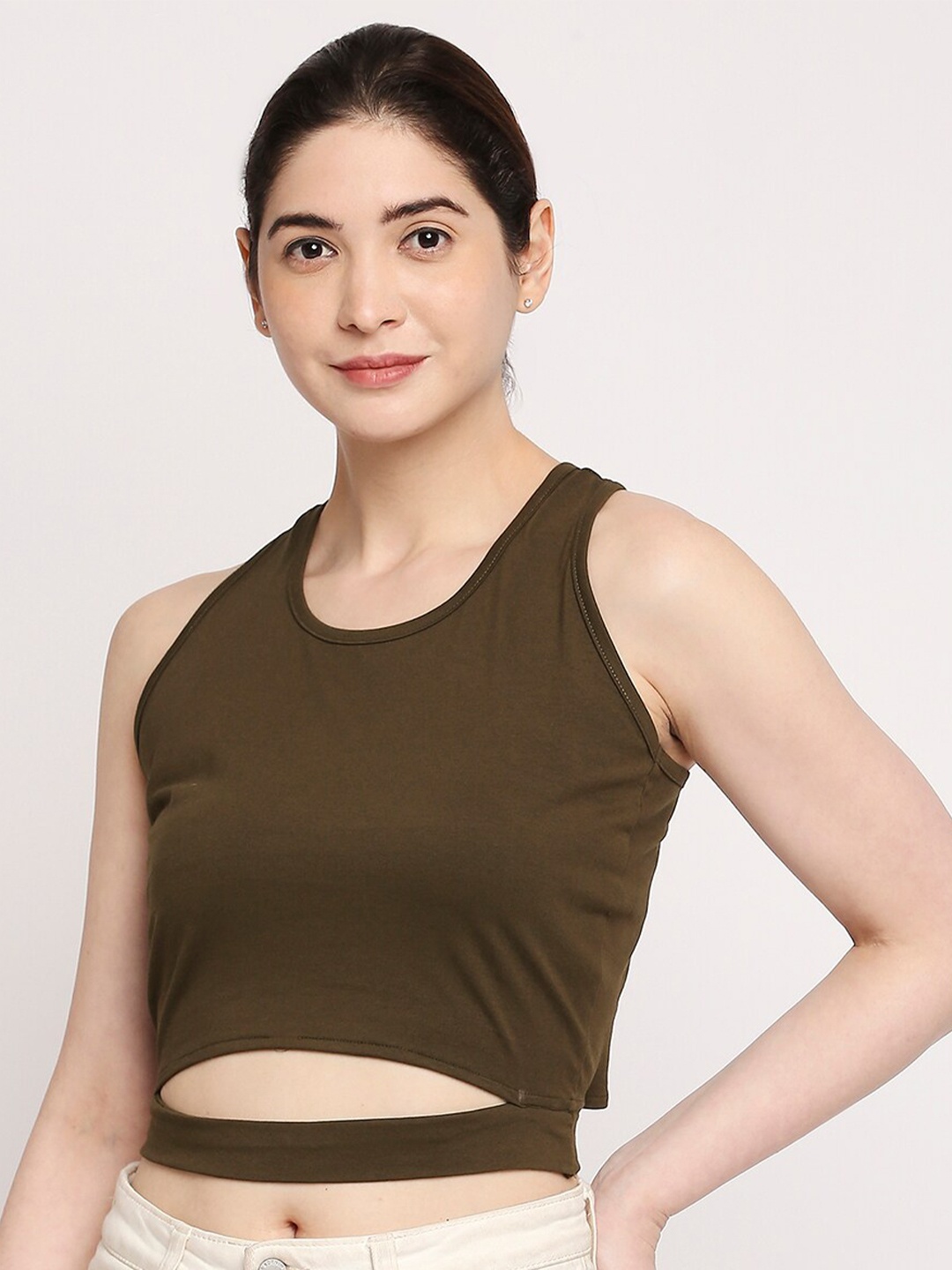 

Autumn Hues Women Olive Green Solid Cotton Crop Top With Fixed Belt