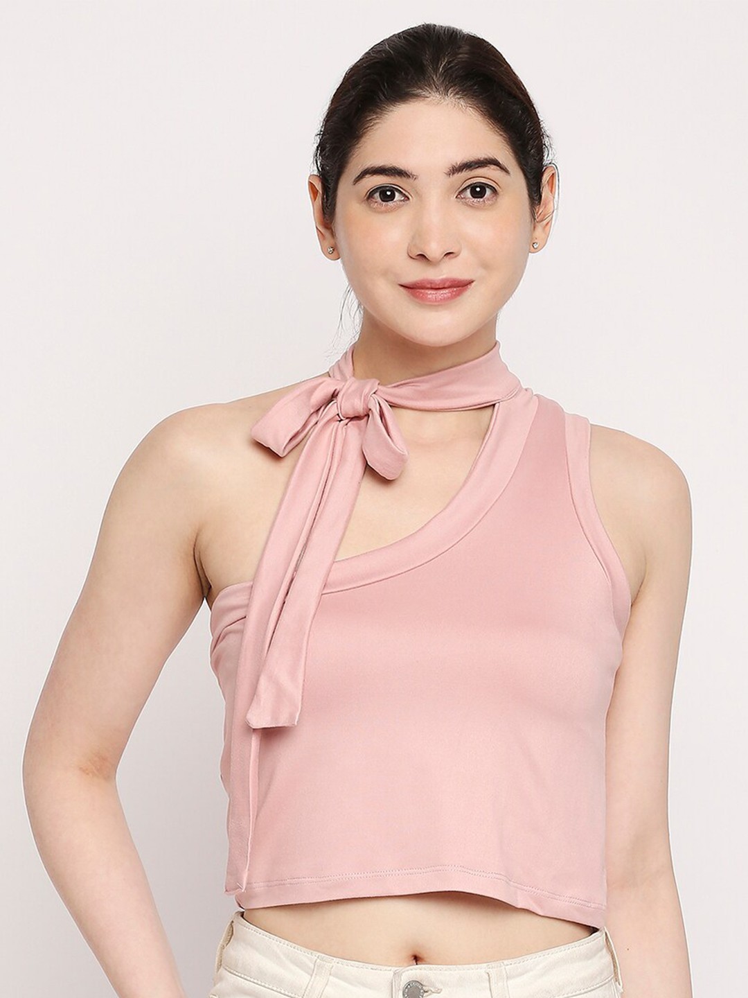 

Autumn Hues Women Pink Tie-Up Neck Crop Top