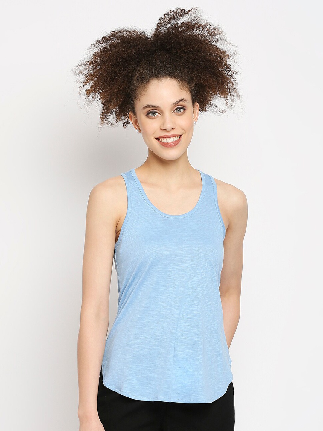 

Autumn Hues Blue Pure Cotton Solid Racerback Tank Top