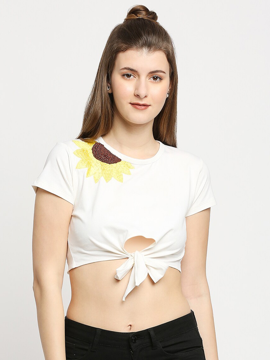 

Autumn Hues Women White & Yellow Floral Embroidered Cotton Crop Top