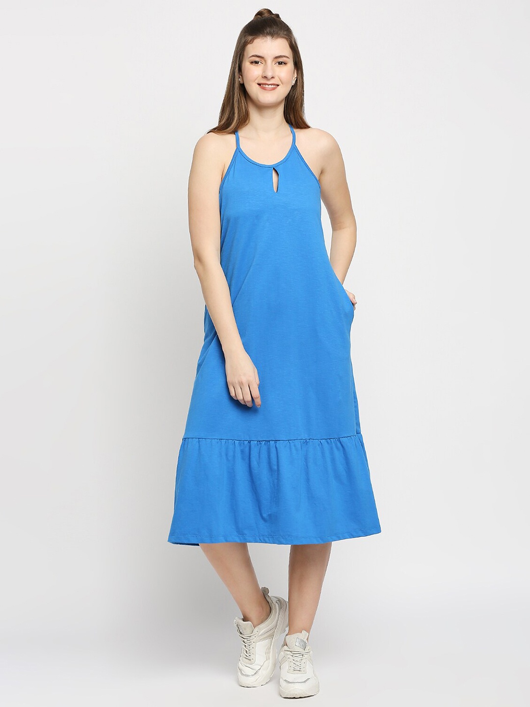 

Autumn Hues Blue Keyhole Neck A-Line Midi Dress