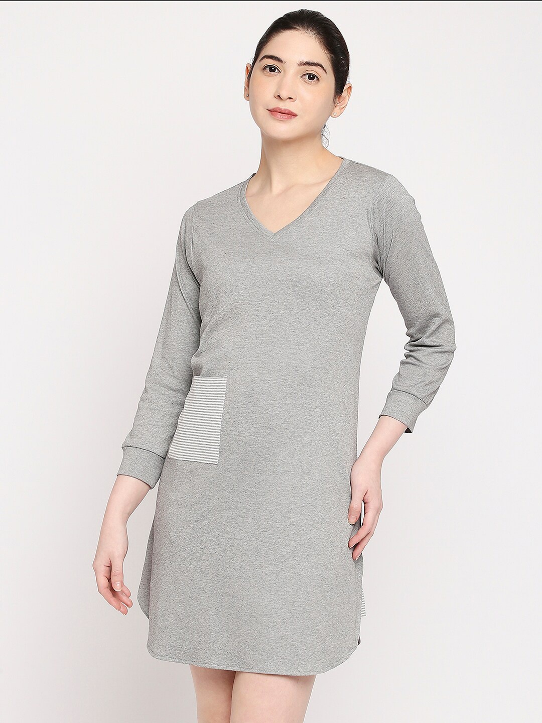 

Autumn Hues Grey Solid A-Line Dress With Patch Pocket