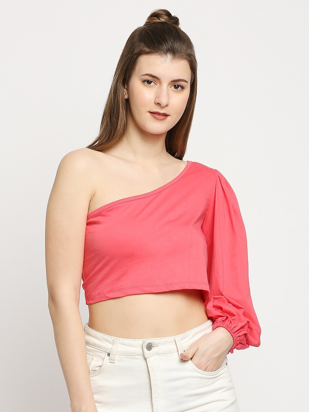 

Autumn Hues Pink One Shoulder Crop Cotton Top