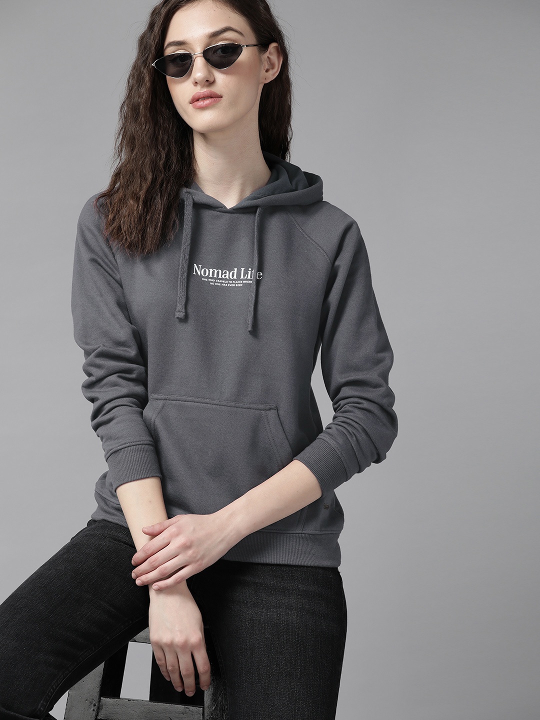 

Roadster Women Charcoal Printed Hooded Sweatshirt