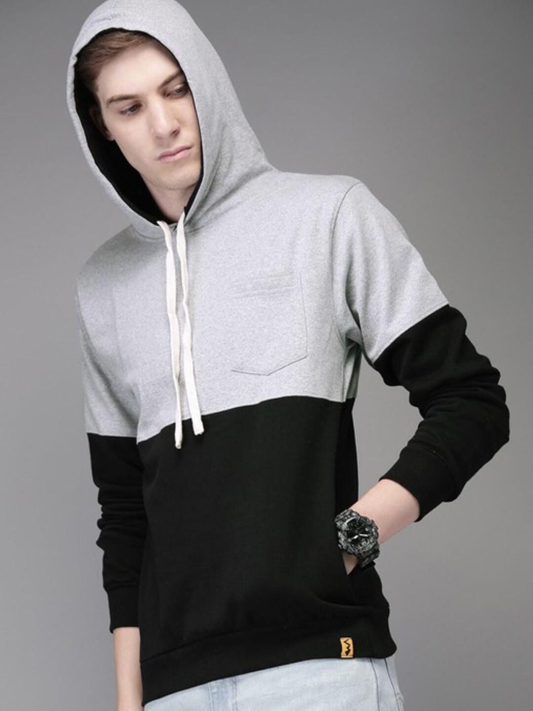 

Campus Sutra Men Black & Grey Colourblocked Hooded Sweatshirt