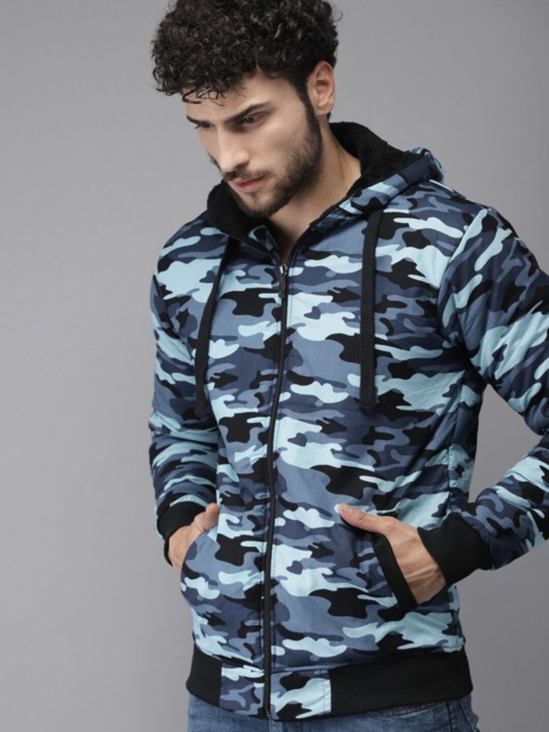 

Campus Sutra Men Blue Black Camouflage Windcheater Bomber Jacket