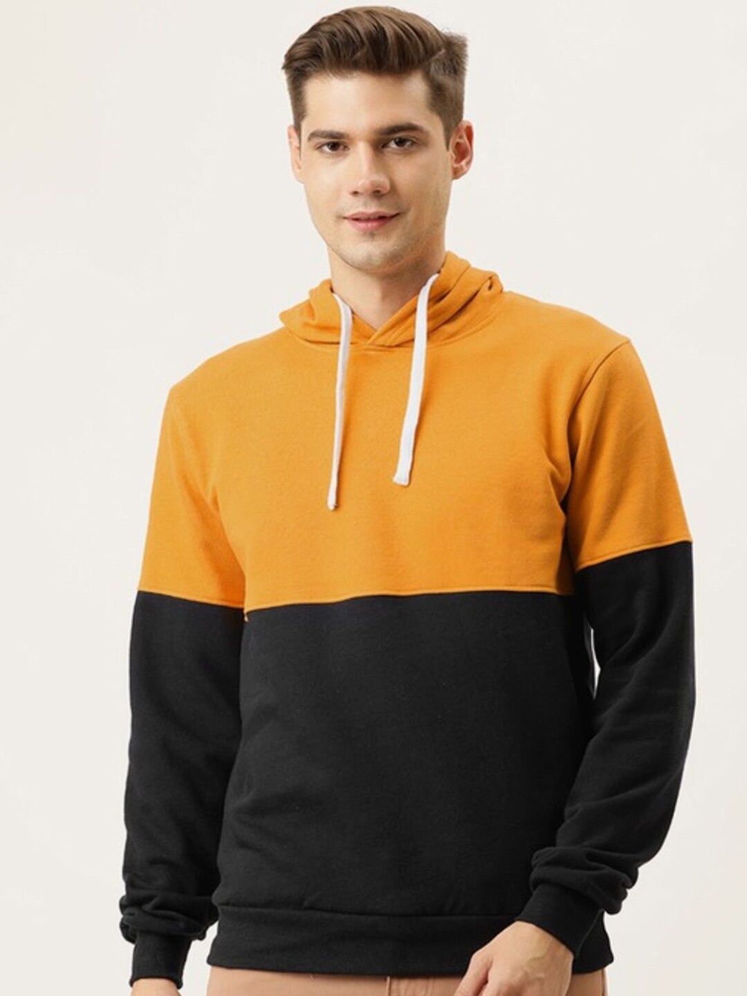 

Campus Sutra Men Mustard & Black Colourblocked Hooded Casual Sweatshirt