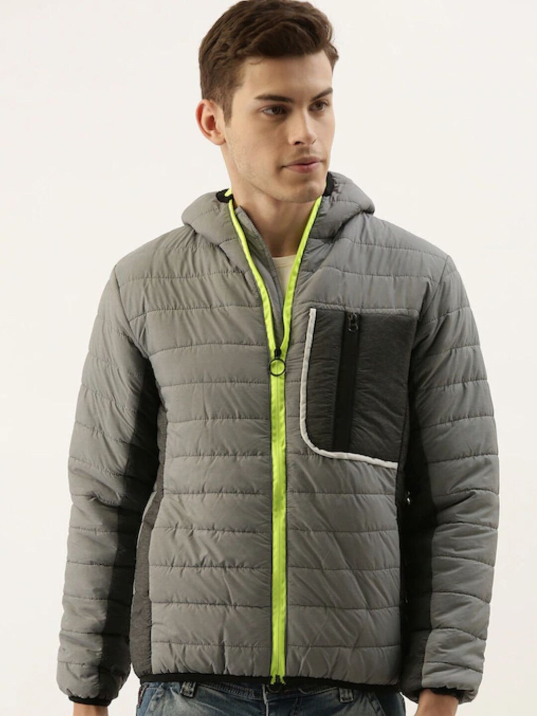 

Campus Sutra Men Grey Colourblocked Windcheater Puffer Jacket