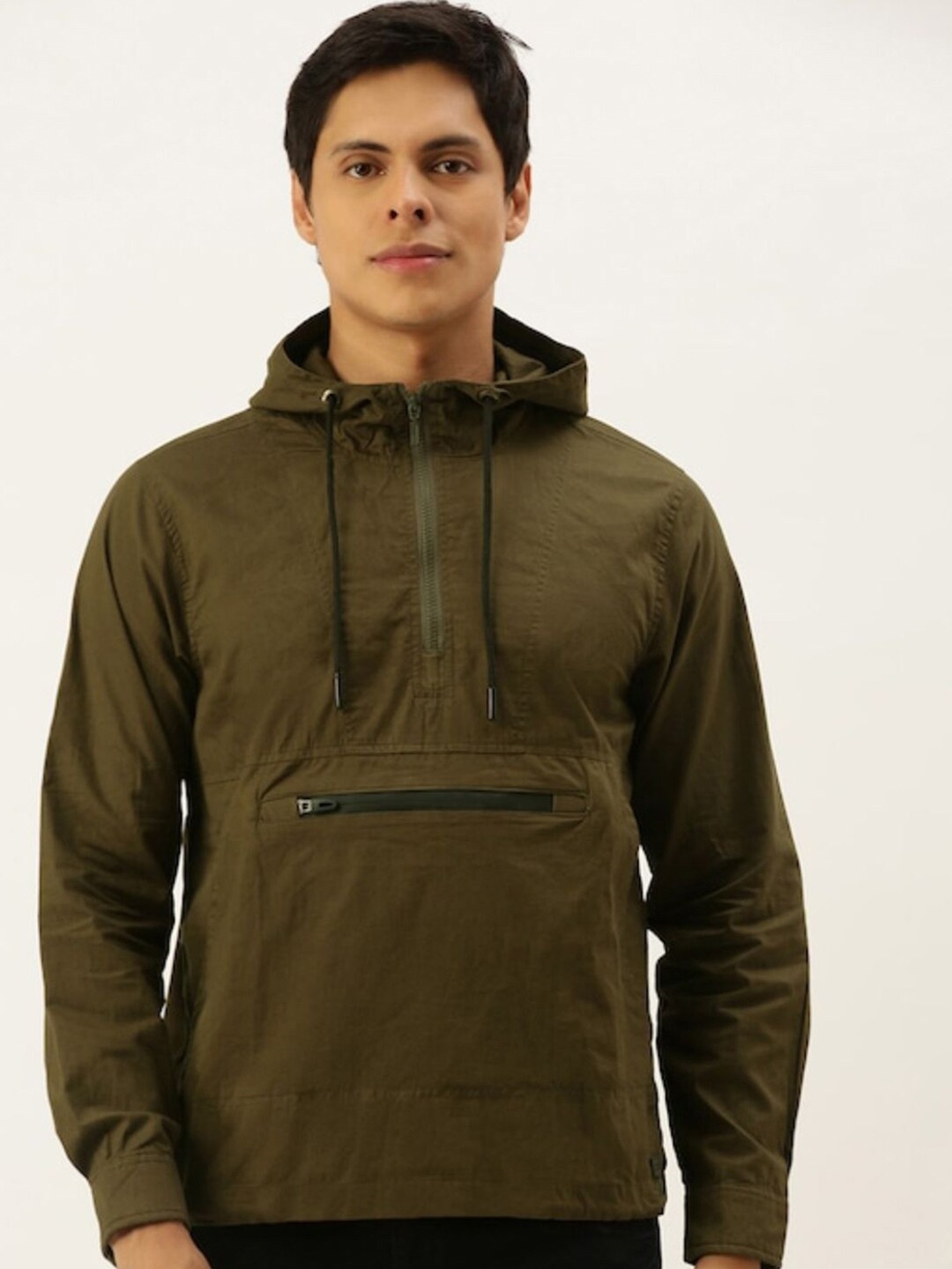 

Campus Sutra Men Olive Green Hooded Sweatshirt