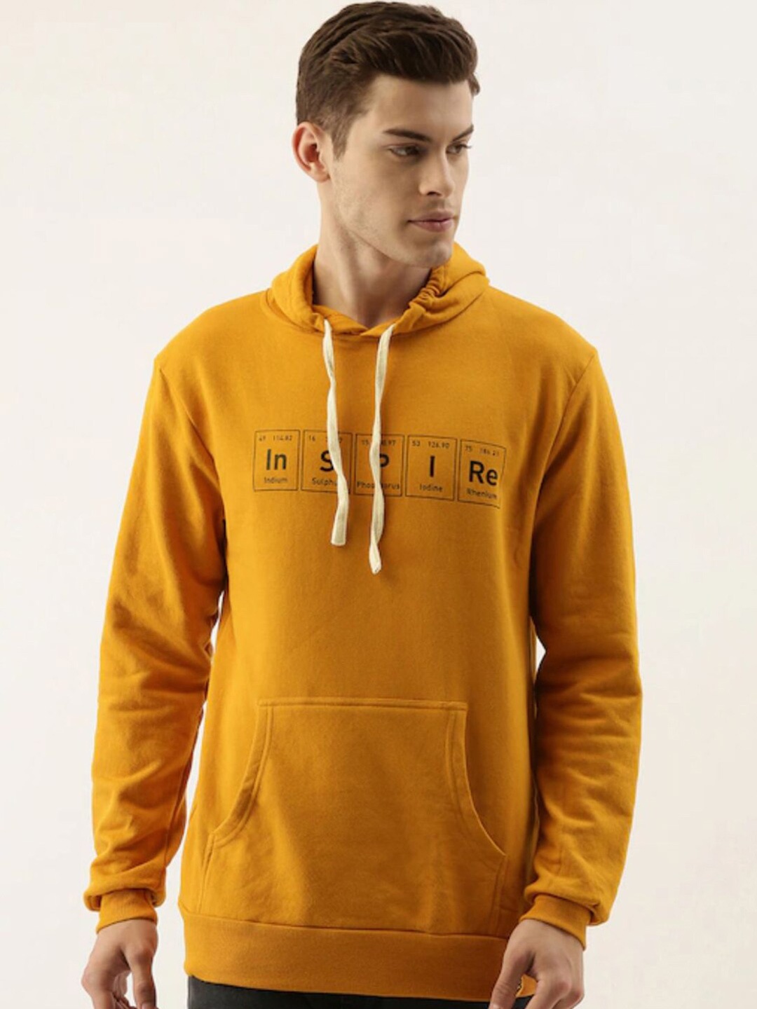 

Campus Sutra Men Mustard Printed Hooded Casual Sweatshirt