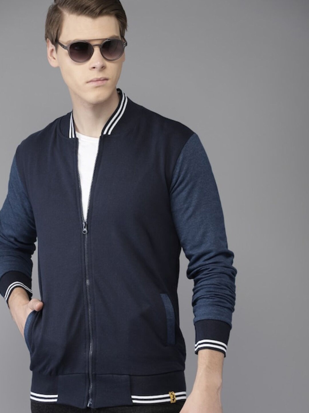 

Campus Sutra Men Navy Blue Colourblocked Windcheater Cotton Varsity Jacket