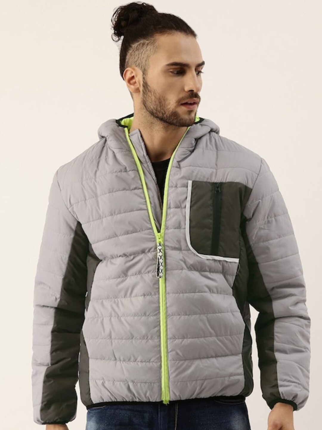 

Campus Sutra Men Grey Colourblocked Windcheater Puffer Jacket
