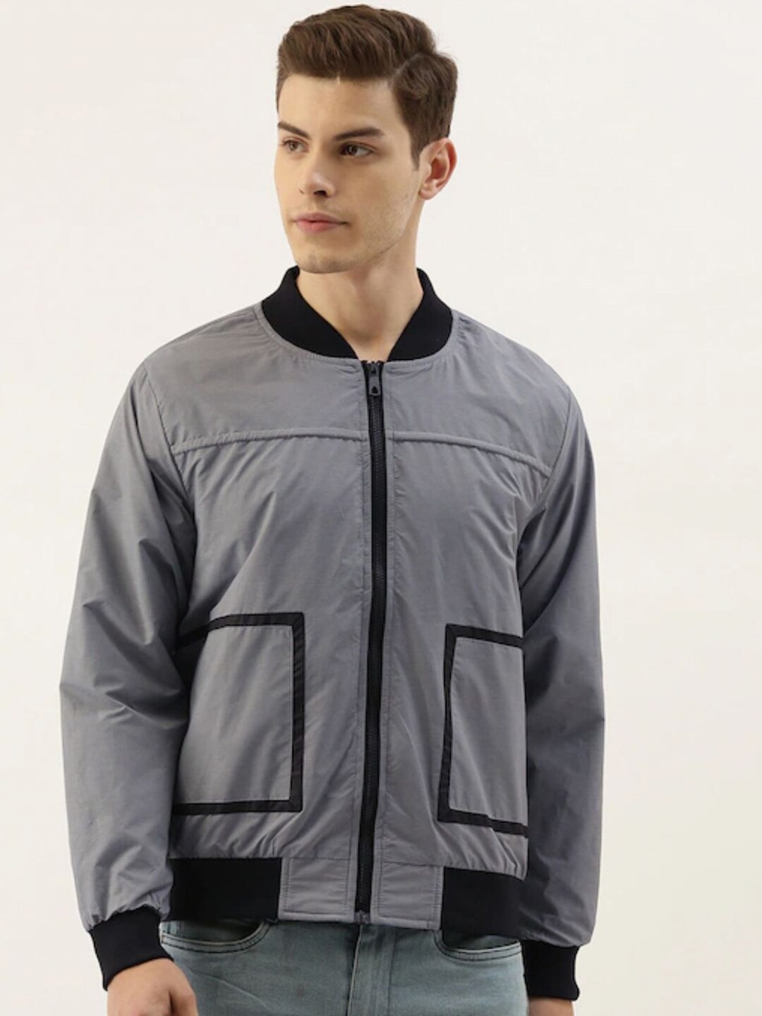 

Campus Sutra Men Grey & Black Windcheater Bomber Jacket