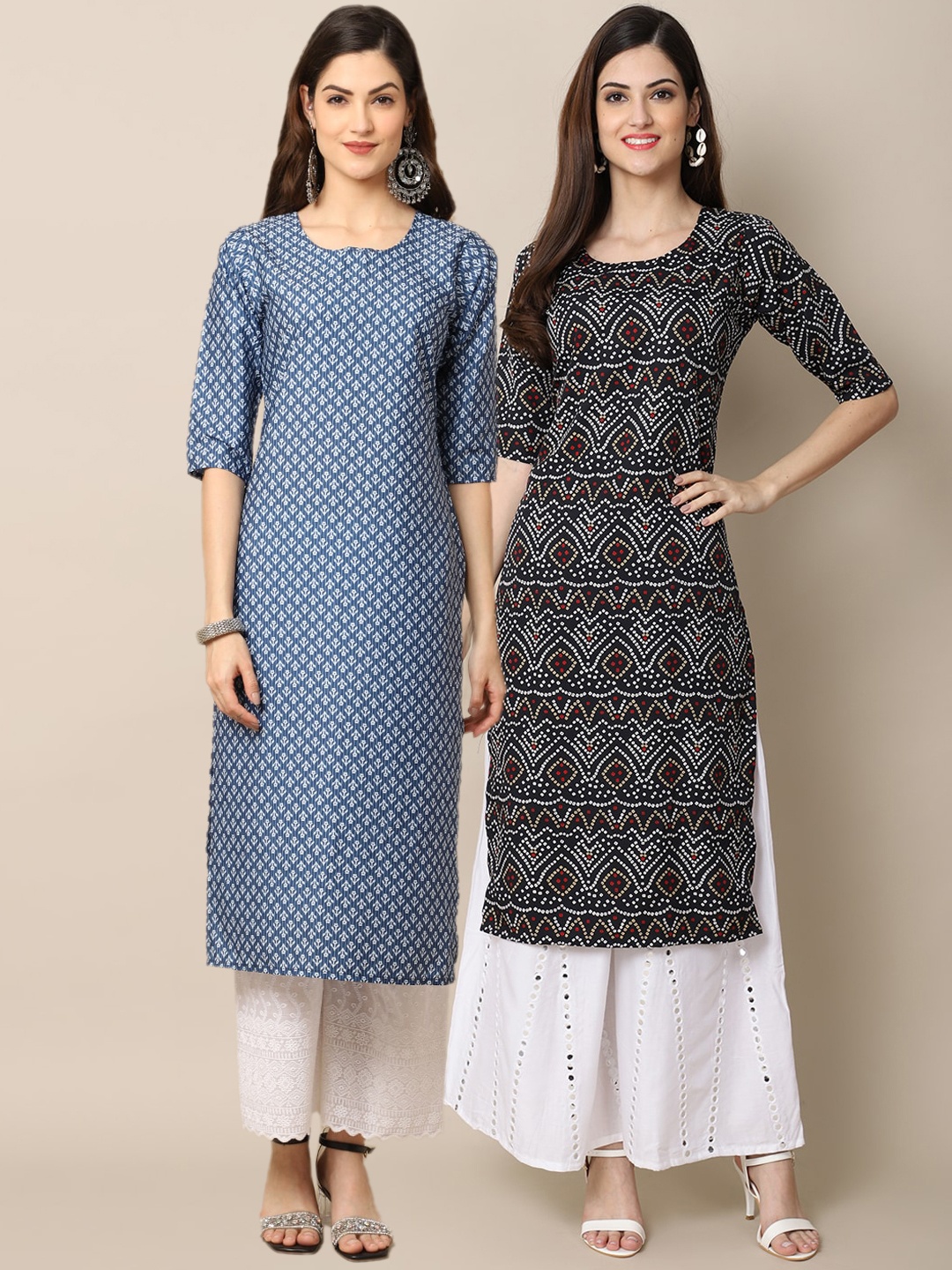 

Ethnic basket Women Pack Of 2 Blue & Black Geometric Printed Block Print Kurta