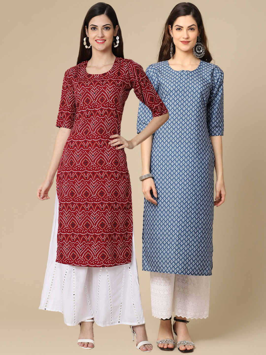 

Ethnic basket Women Pack Of 2 Red & Blue Geometric Printed Crepe Kurta