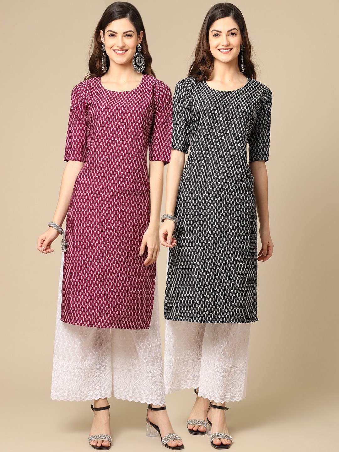 

Ethnic basket Women Pack Of 2 Black & Maroon Geometric Printed Crepe Kurta