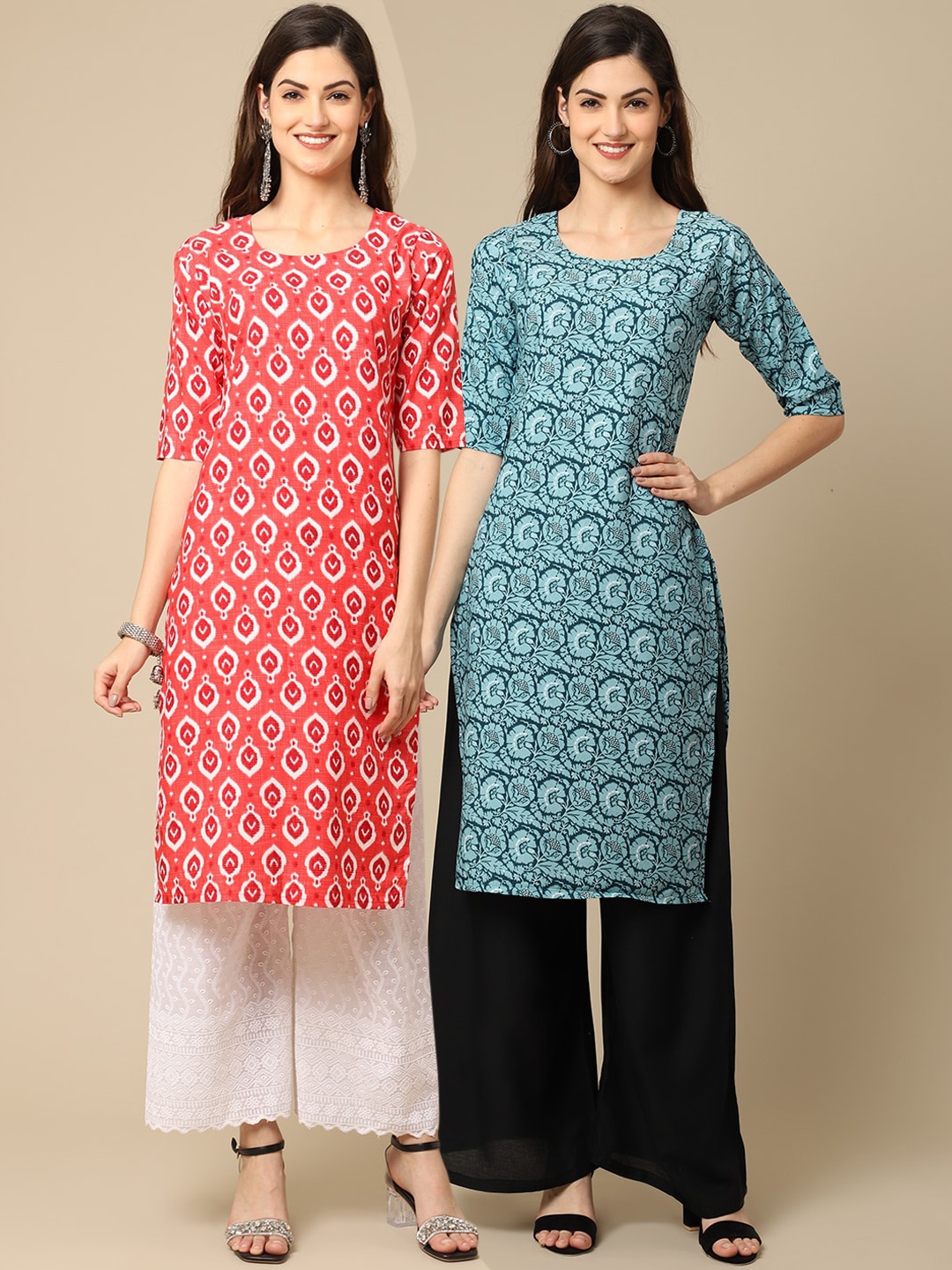 Ethnic basket Women Pack Of 2 Blue & Red Printed Crepe Kurta