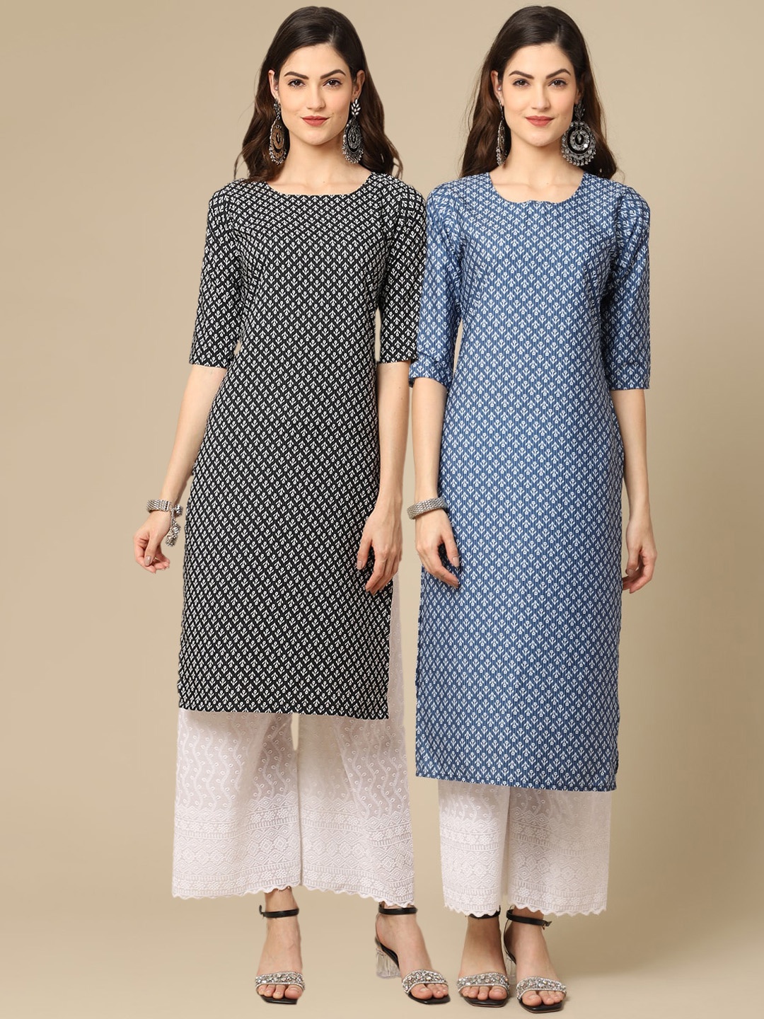 

Ethnic basket Women Pack Of 2 Blue & Black Geometric Printed Crepe Kurta
