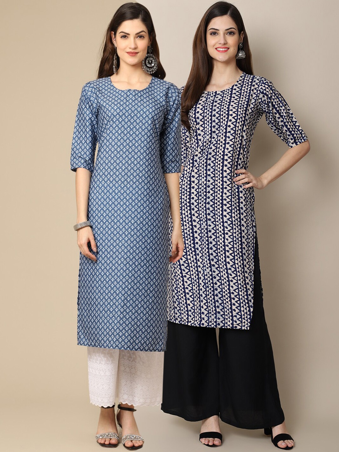 

Ethnic basket Women Pack of 2 Blue & Navy Blue Printed Crepe Kurtas