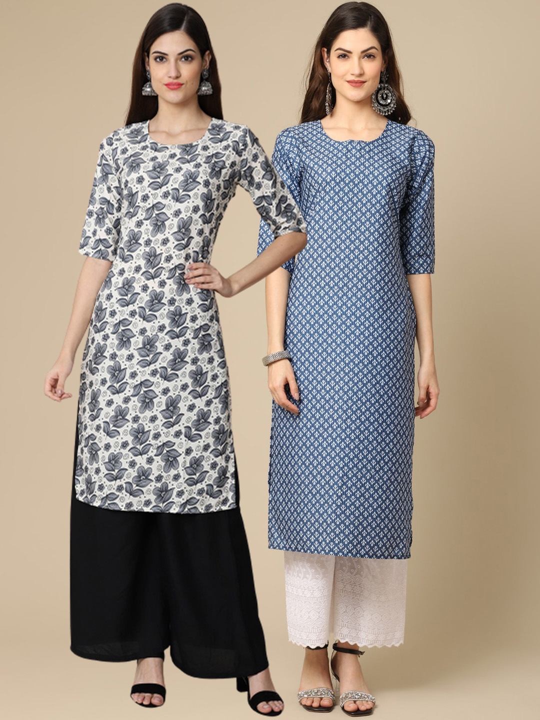 

Ethnic basket Women Pack Of 2 White & Blue Floral Printed Block Print Kurta