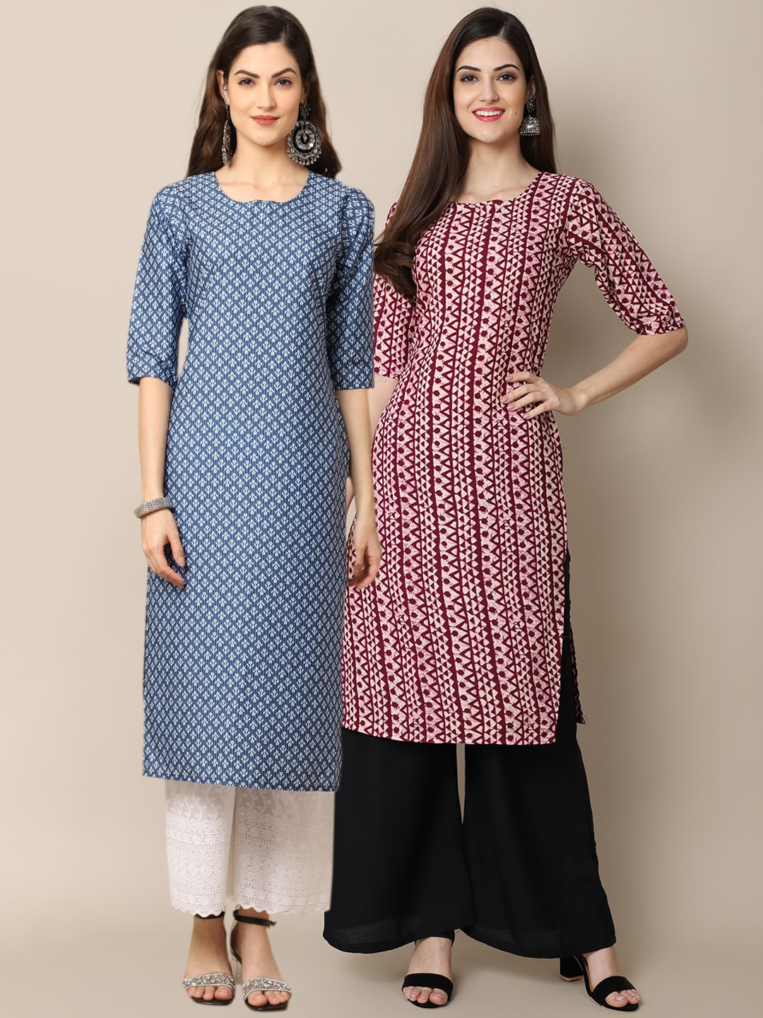 

Ethnic basket Women Pack of 2 Blue & Maroon Printed Crepe Kurtas