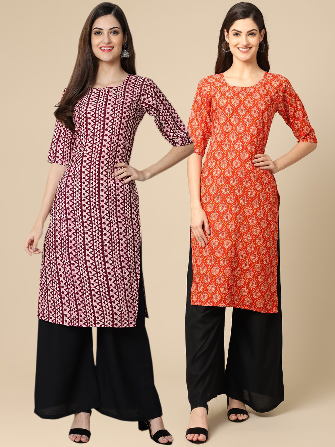 

Ethnic basket Women Pack of 2 Maroon & Orange Printed Crepe Kurtas