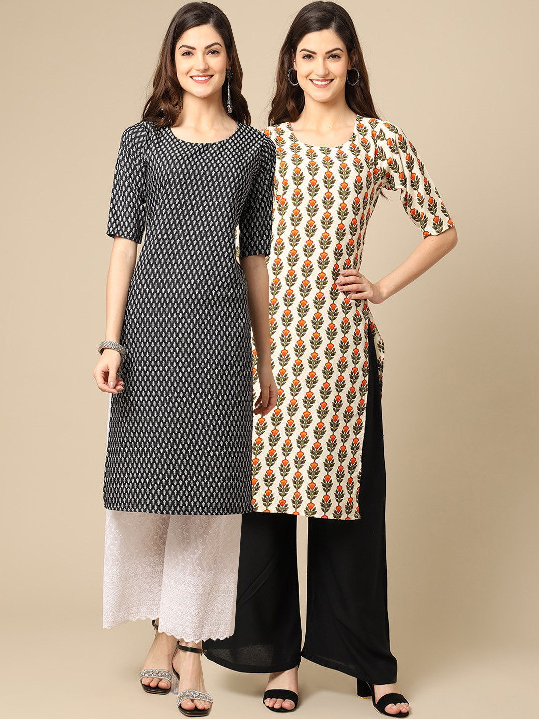 

Ethnic basket Women Pack of 2 Black & Cream-Coloured Printed Crepe Kurtas