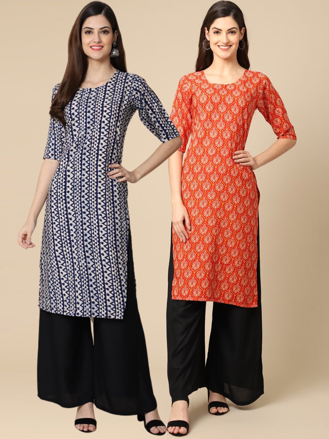 

Ethnic basket Women Pack Of 2 Black & Red Geometric Printed Block Print Kurta