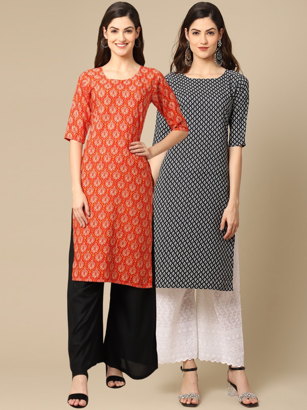 

Ethnic basket Women Pack of 2 Orange & Black Printed Crepe Kurtas