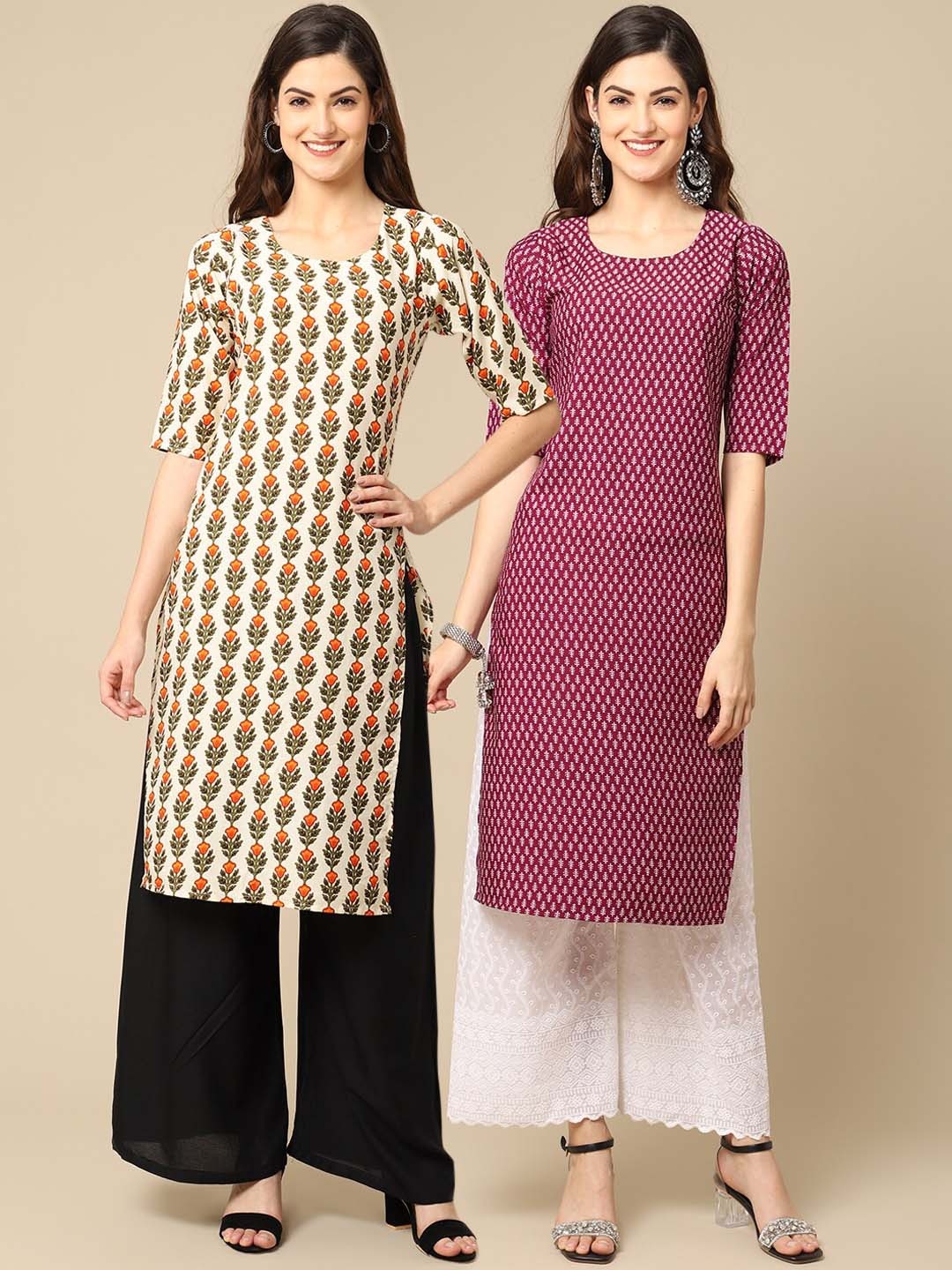 

Ethnic basket Women Pack of 2 Cream-Coloured & Maroon Printed Crepe Kurtas
