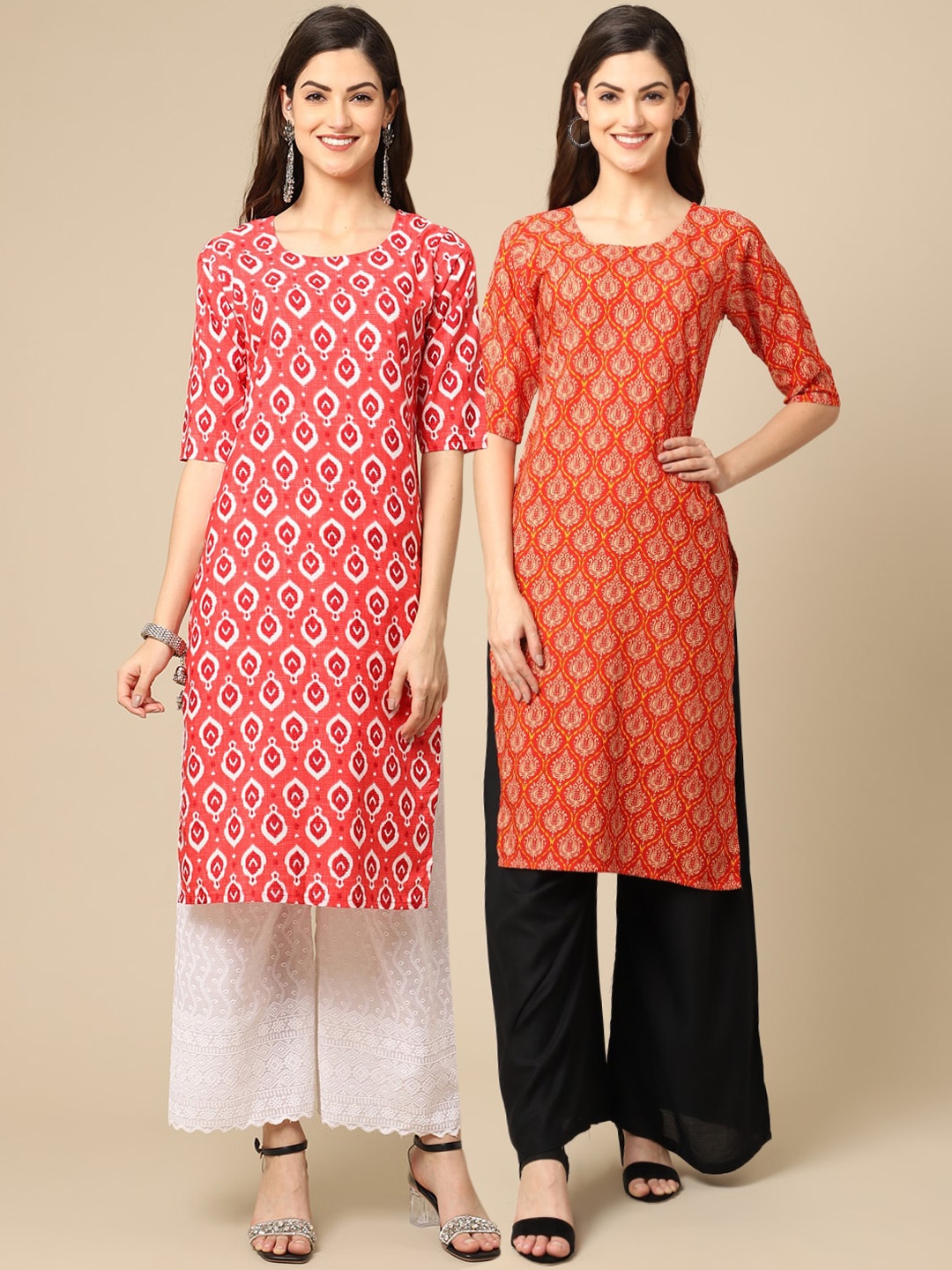 

Ethnic basket Women Pack Of 2 Red & Orange Ethnic Motifs Printed Crepe Kurta