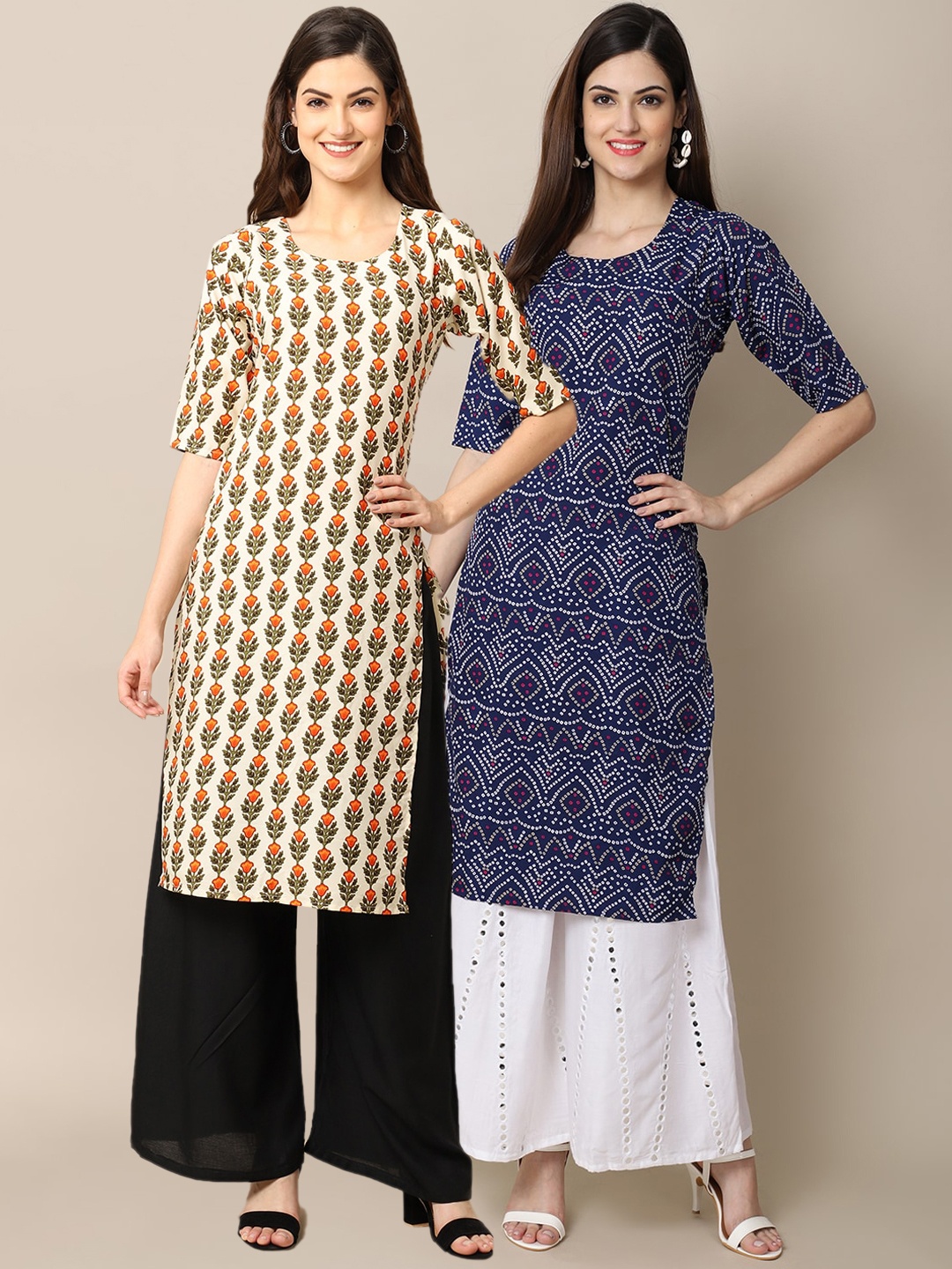 

Ethnic basket Women Pack Of 2 Navy Blue & Beige Paisley Block Print Kurta