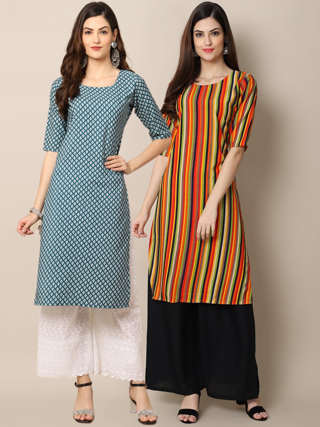 

Ethnic basket Women Pack Of 2 Multicoloured Geometric Printed Block Print Kurta, Multi