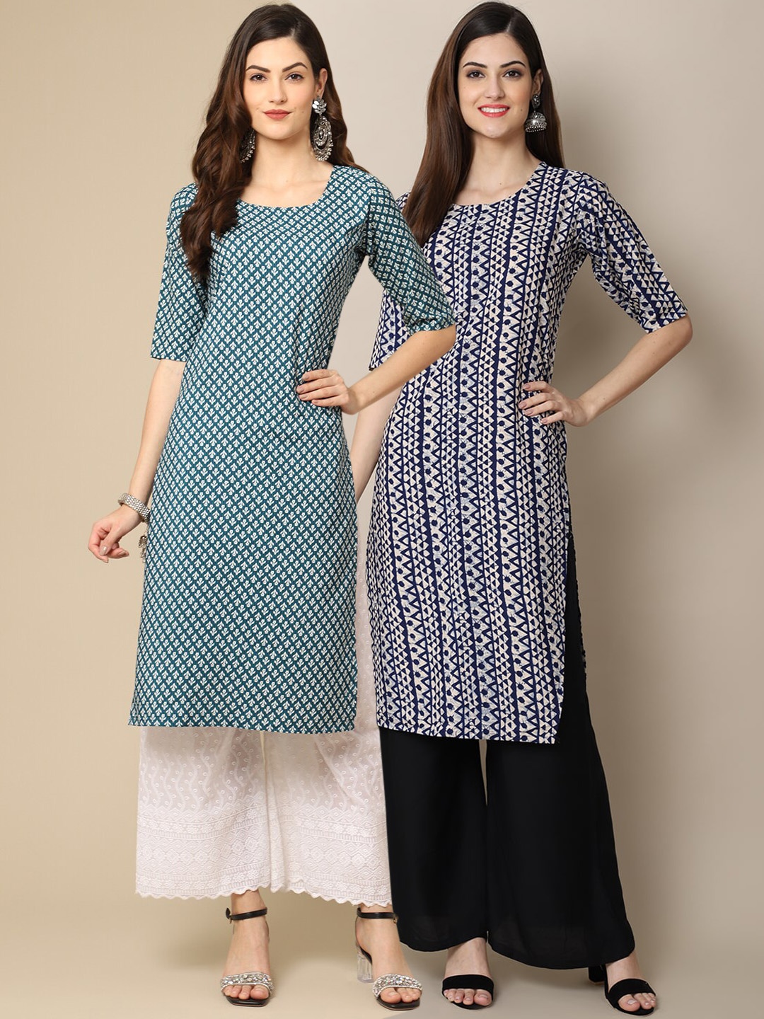 

Ethnic basket Women Pack Of 2 Green & Blue Ethnic Motifs Printed Crepe Kurta