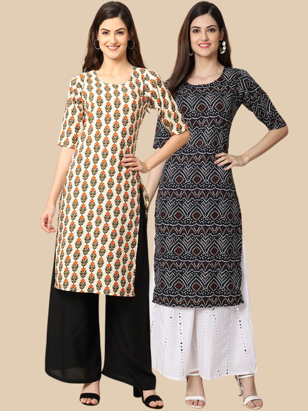 

Ethnic basket Women Pack Of 2 Beige & Black Paisley Printed Block Print Kurta