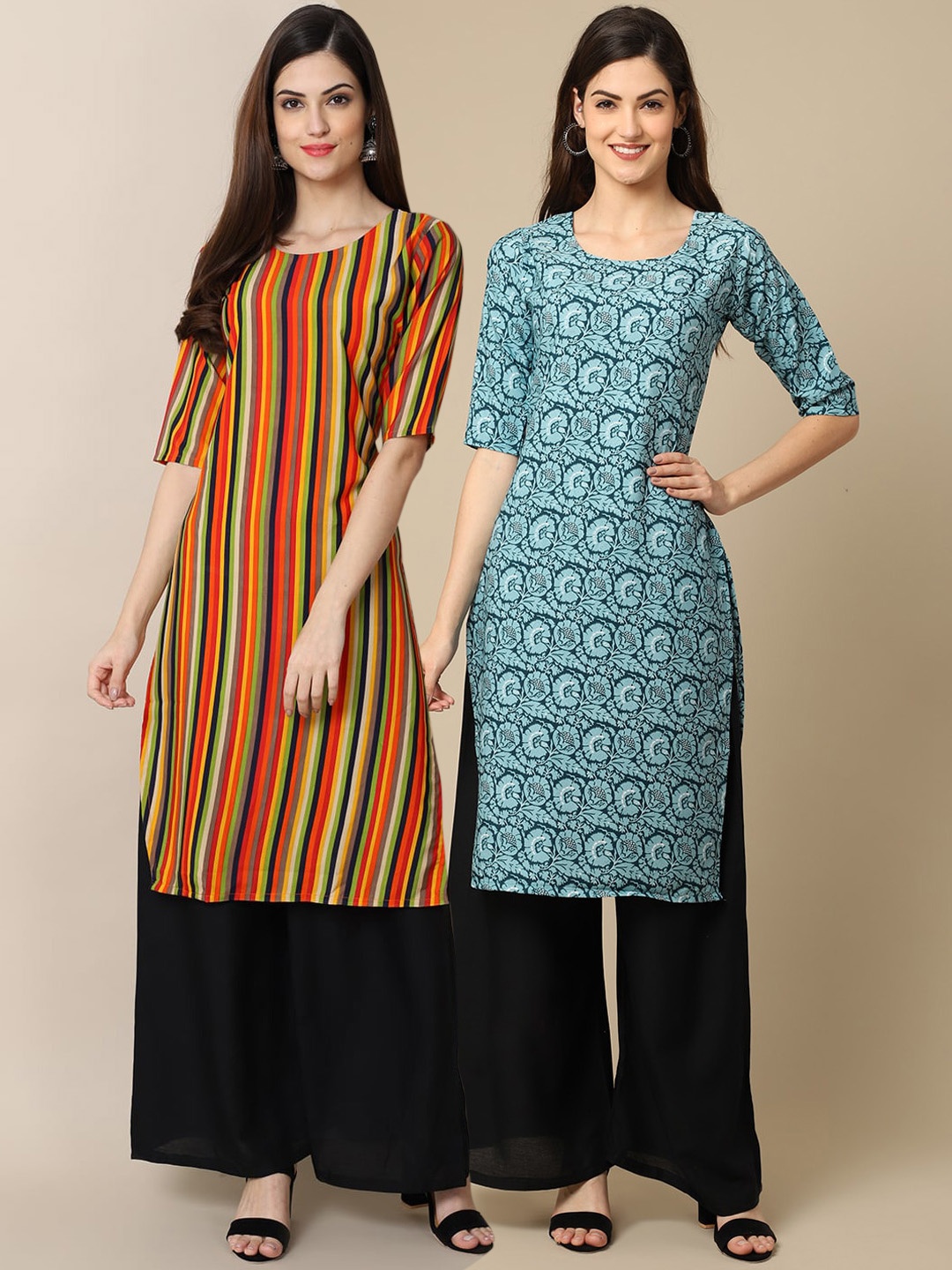 

Ethnic basket Women Pack Of 2 Yellow & Blue Ethnic Motifs Printed Crepe Kurta