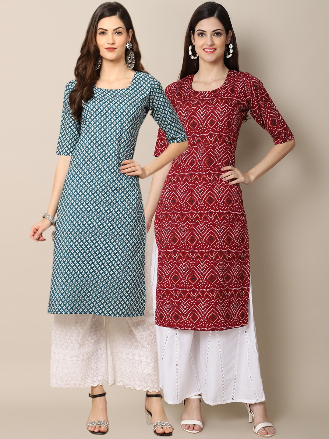 

Ethnic basket Women Pack Of 2 Blue & Red Ethnic Motifs Printed Crepe Kurta